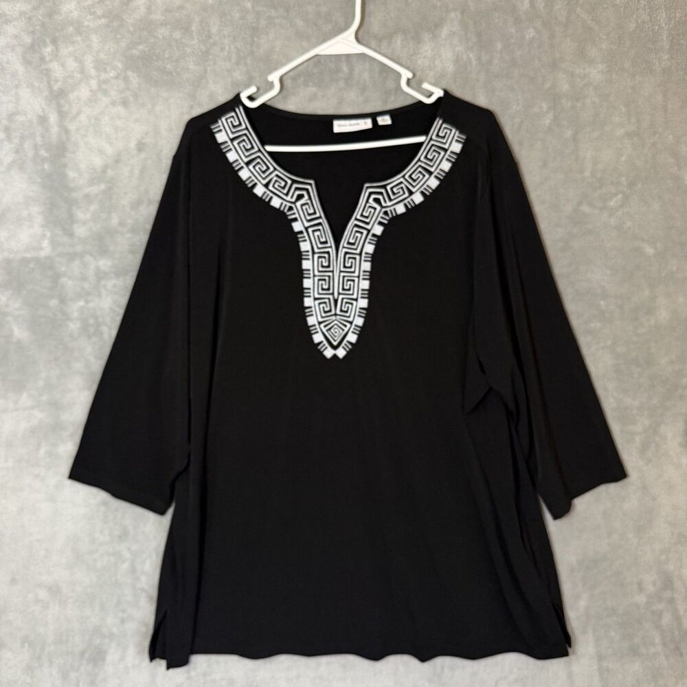 Susan Graver 2X Black Top Womens Tunic Greek Key Trim Notch Neck 3/4 Sleeve